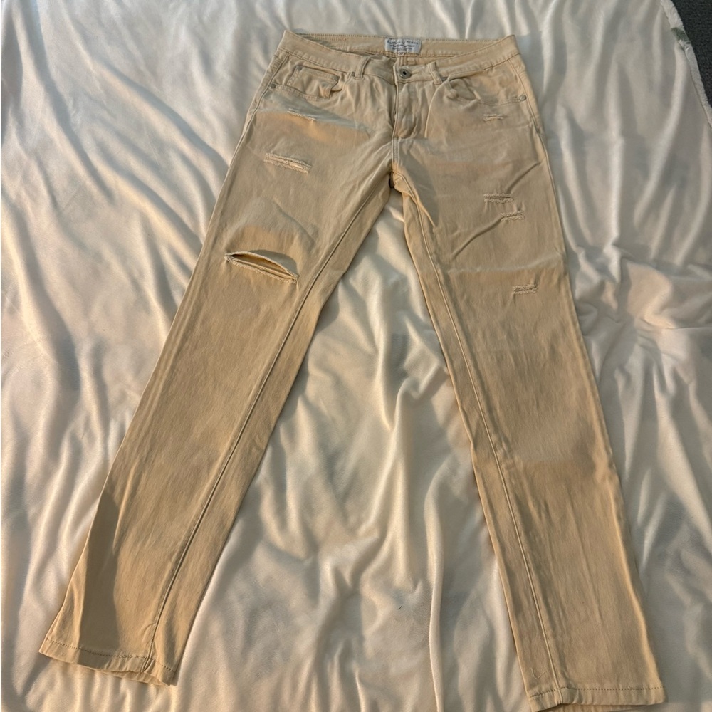 Slim Distressed Beige Jeans